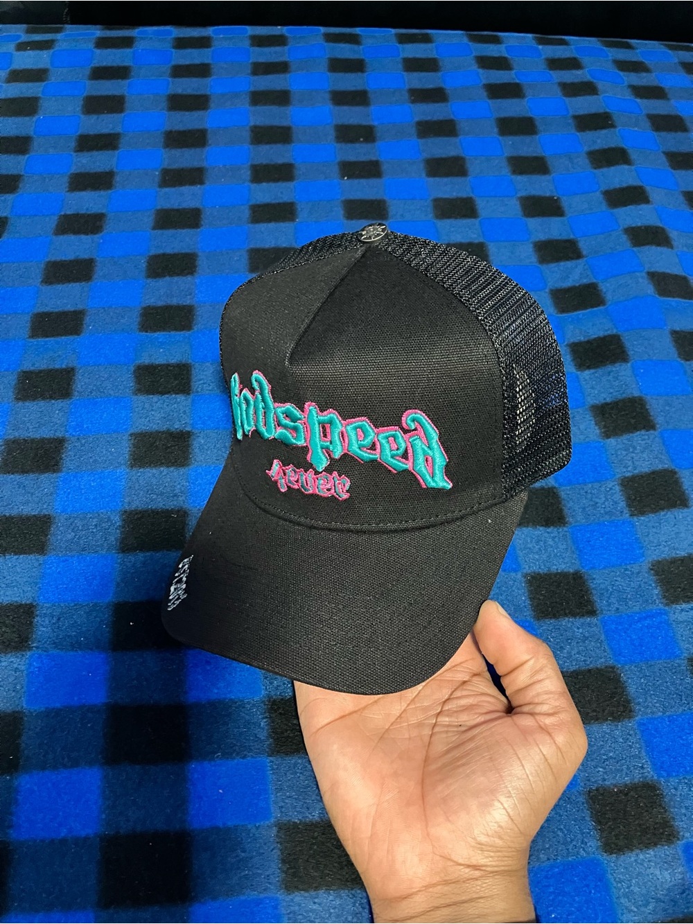 Black Trucker Cap with Teal & Pink 'Wildspeed' Embroidery